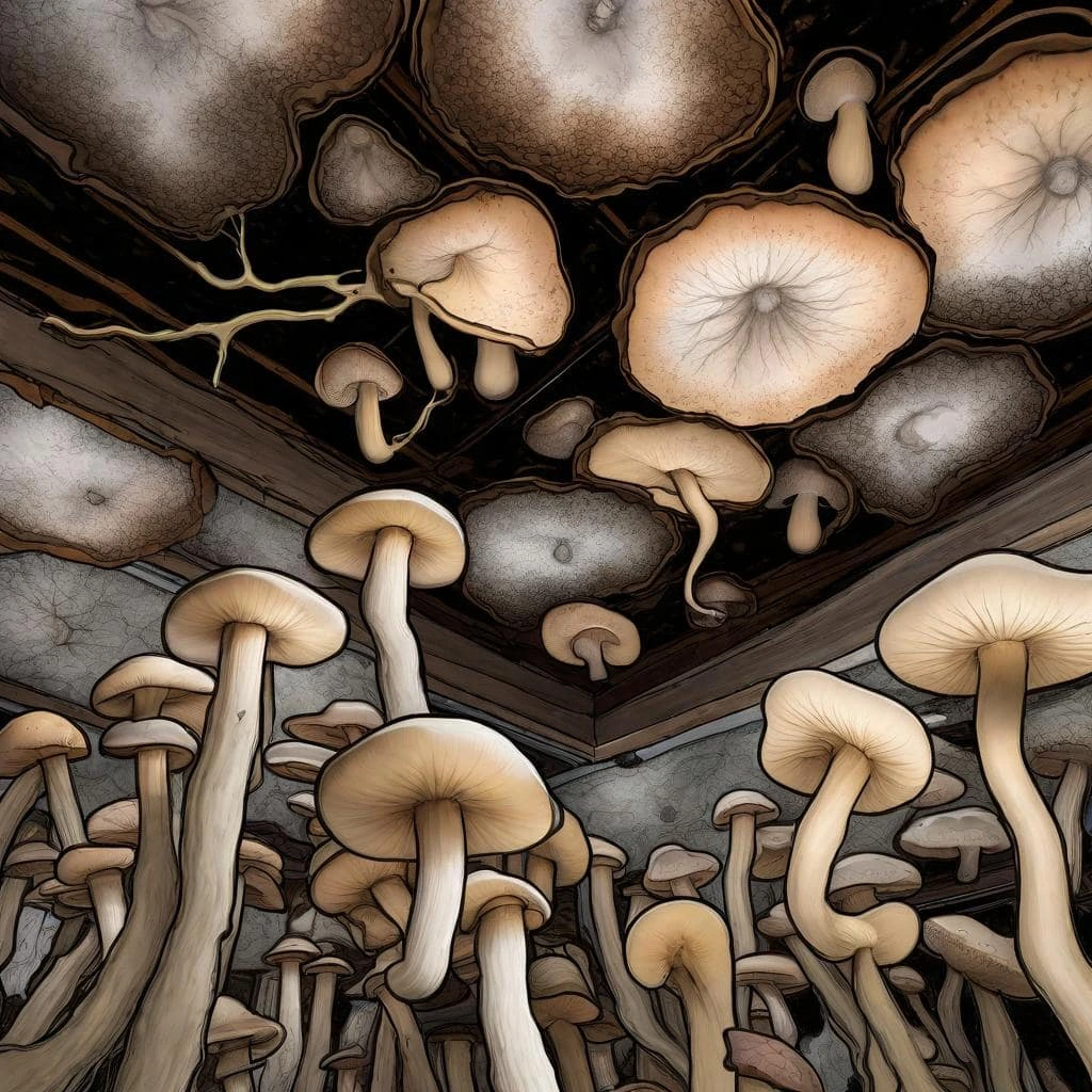 Ceiling Black Mold and Mushroom Growth